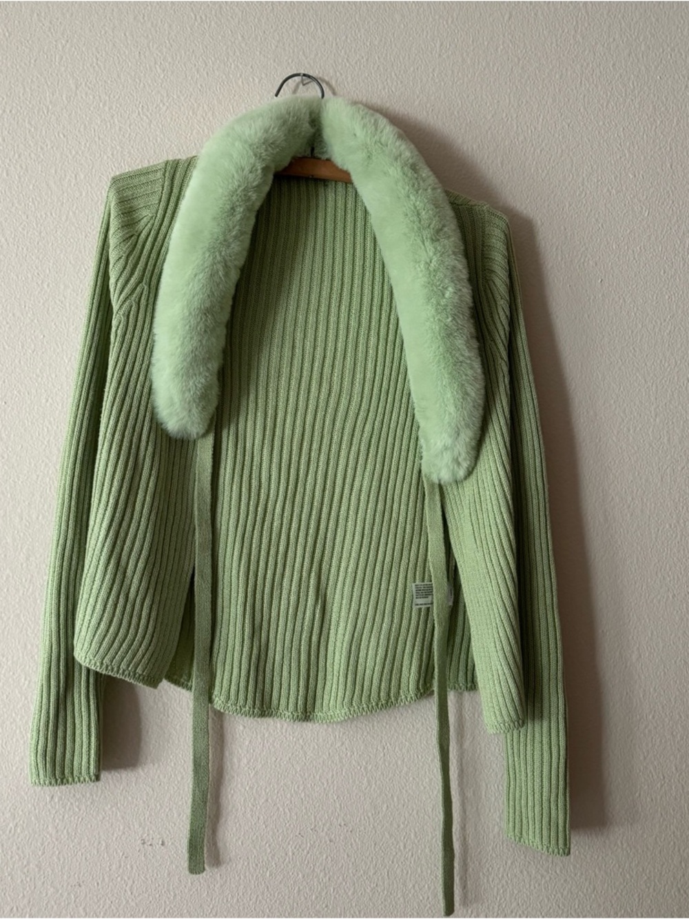 Y2K Pistachio Green Cardigan 🍨 Fuzzy Trim Tie Front Soft Girl